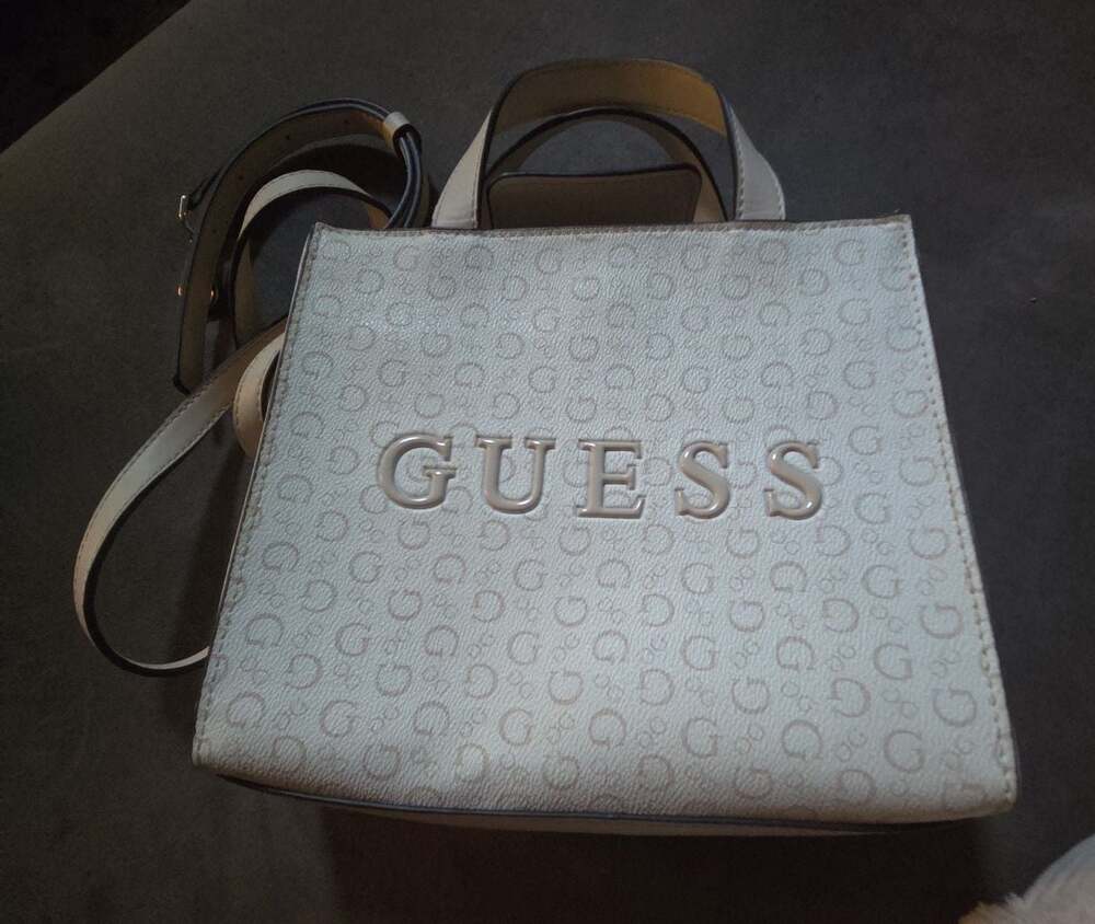 Guess White and Cream Monogram Logo Mini Tote Crossbody Bag